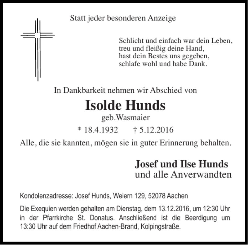 Traueranzeigen von Isolde Hunds Aachen gedenkt