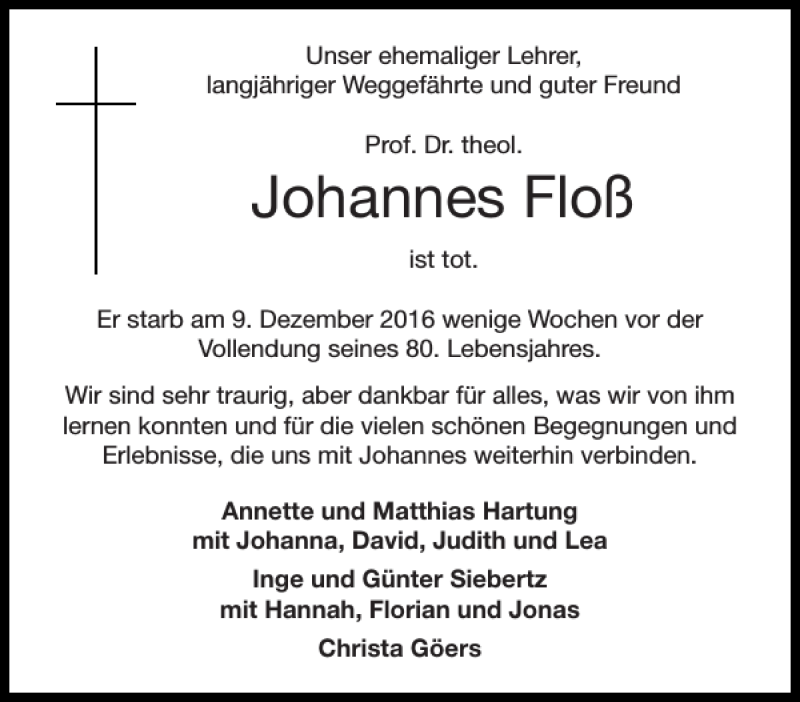 Traueranzeigen Von Johannes Floss Aachen Gedenkt