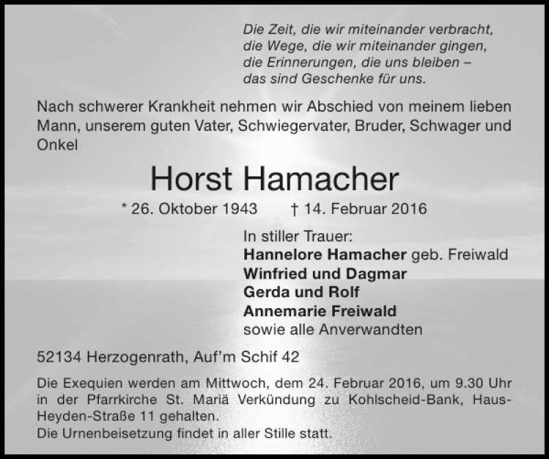  Traueranzeige für Horst Hamacher vom 21.02.2016 aus Super Sonntag / Super Mittwoch