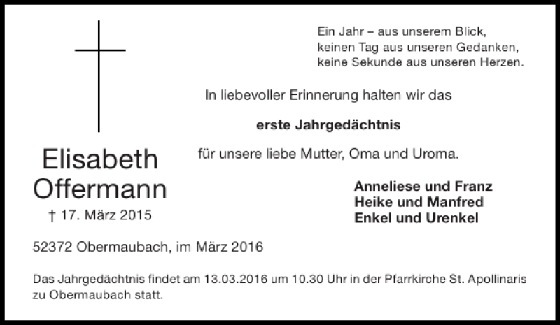 Traueranzeigen von Elisabeth Offermann | Aachen gedenkt