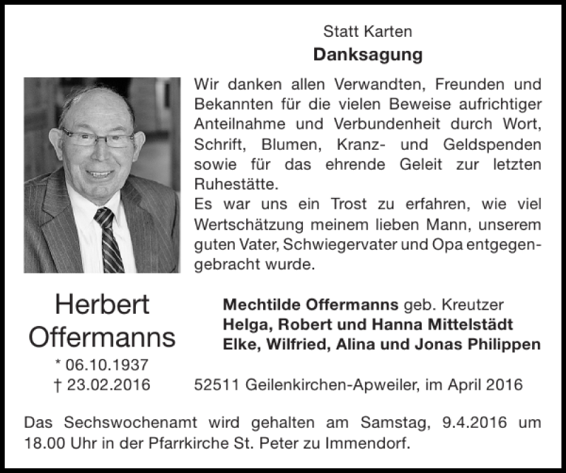 Traueranzeigen von Herbert Offermanns | Aachen gedenkt