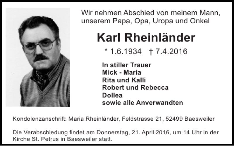  Traueranzeige für Karl Rheinländer vom 18.04.2016 aus Super Sonntag / Super Mittwoch