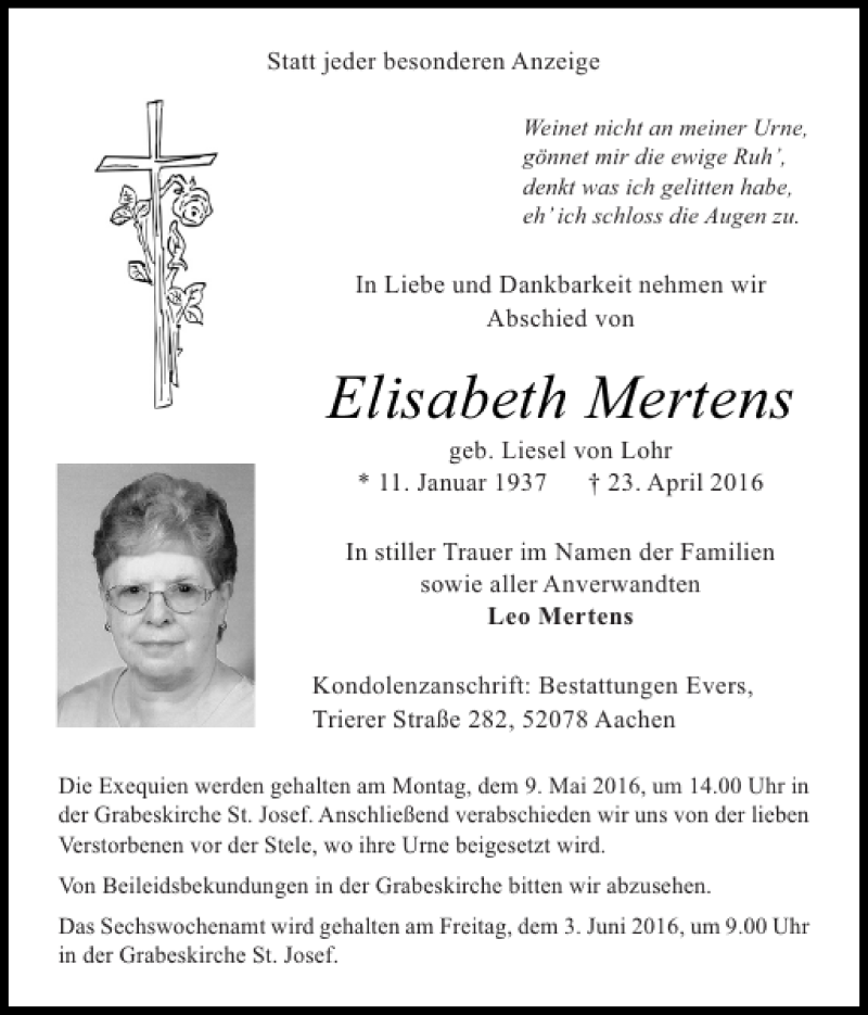 Traueranzeigen von Elisabeth Mertens | Aachen gedenkt