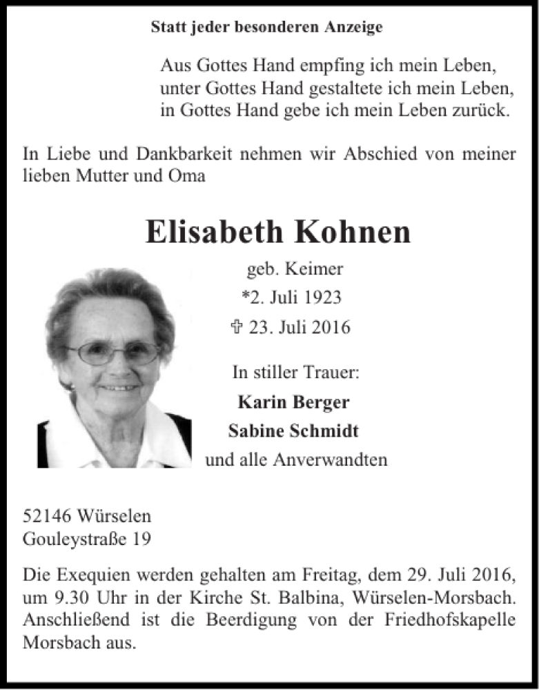 Traueranzeigen von Elisabeth Kohnen | Aachen gedenkt