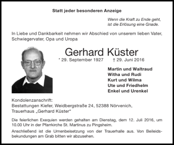 Traueranzeigen von Gerhard Küster | Aachen gedenkt