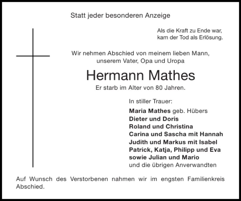 Traueranzeigen von Hermann Mathes | Aachen gedenkt