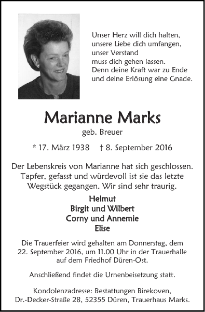 Traueranzeigen Von Marianne Marks Aachen Gedenkt 5050