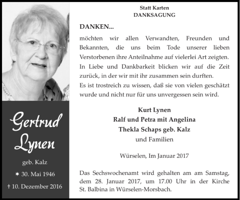 Traueranzeigen Von Gertrud Lynen | Aachen Gedenkt