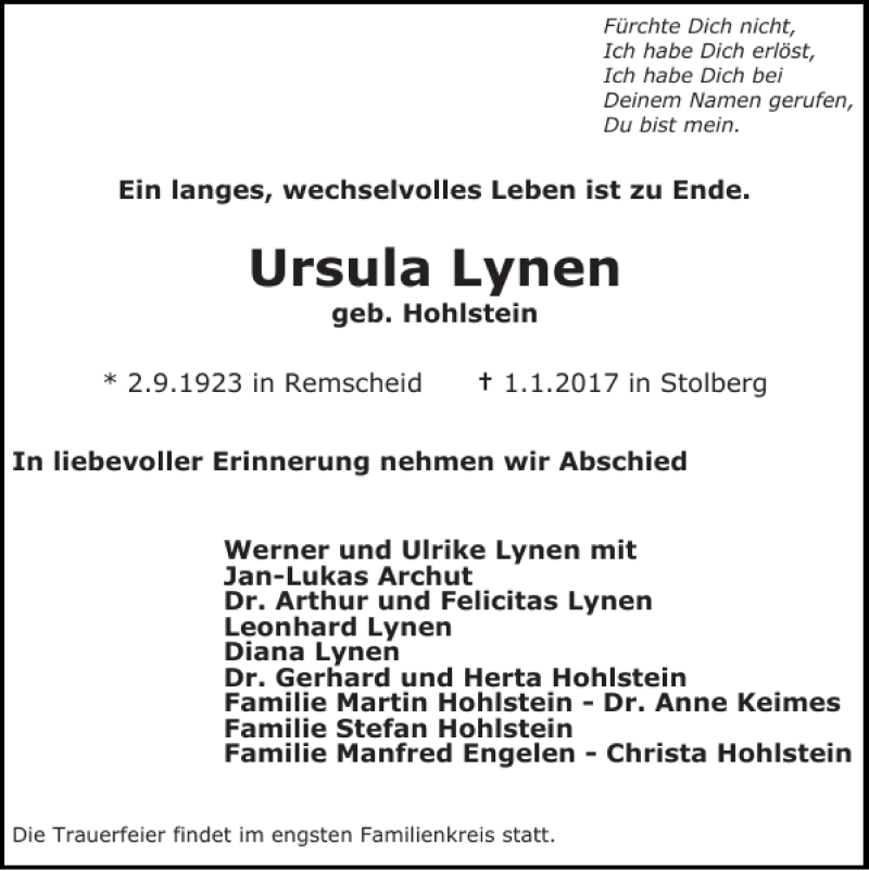 Traueranzeigen Von Ursula Lynen | Aachen Gedenkt