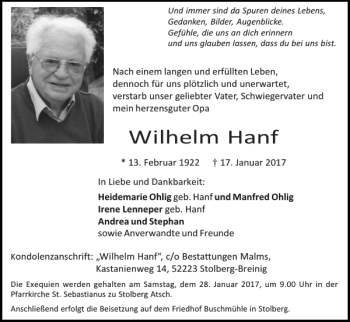 Traueranzeigen von Wilhelm Hanf | Aachen gedenkt