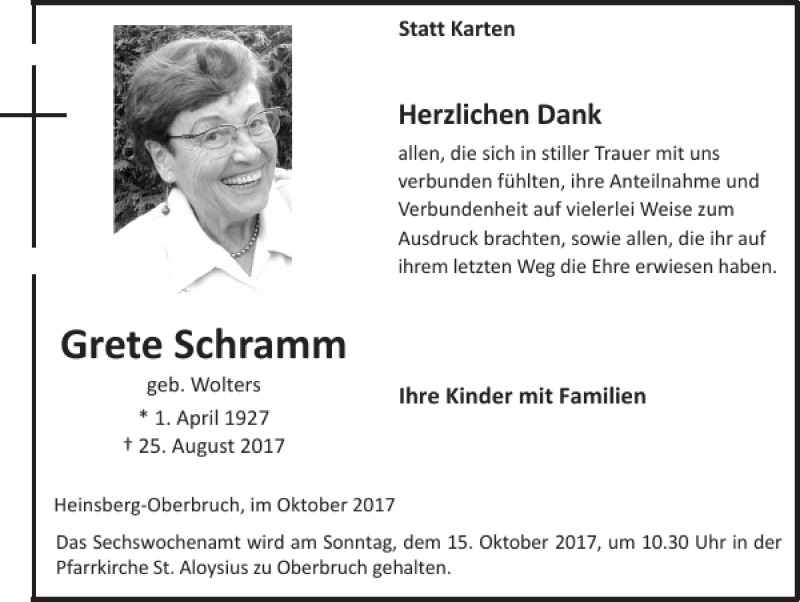 Traueranzeigen Von Grete Schramm Aachen Gedenkt 
