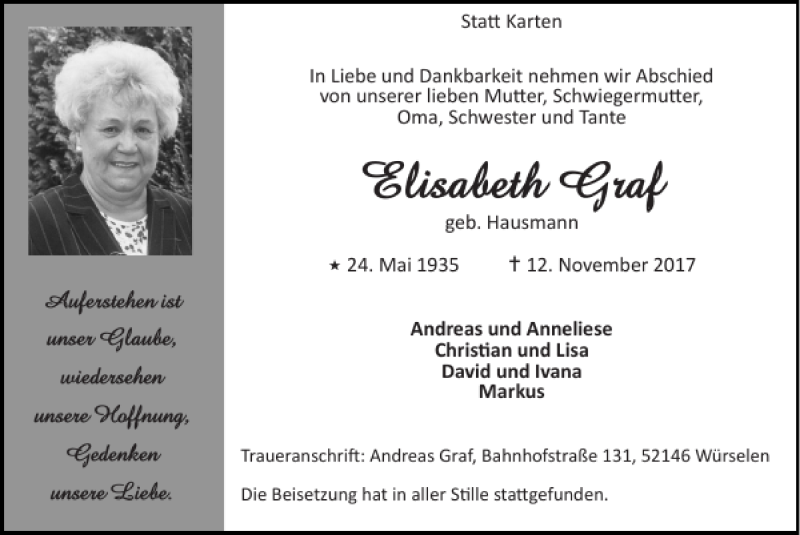Traueranzeigen von Elisabeth Graf | Aachen gedenkt