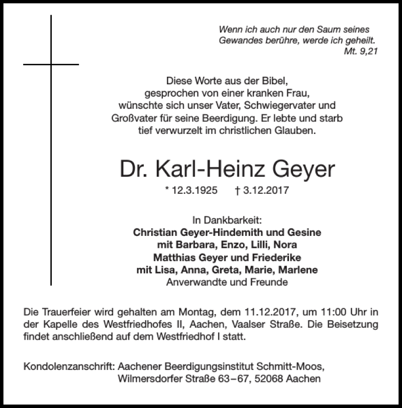 Traueranzeigen von Dr. Karl-Heinz Geyer | Aachen gedenkt