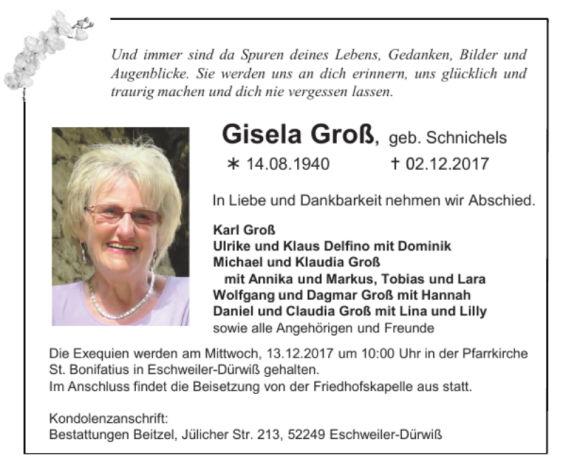 Traueranzeigen von Gisela Groß | Aachen gedenkt