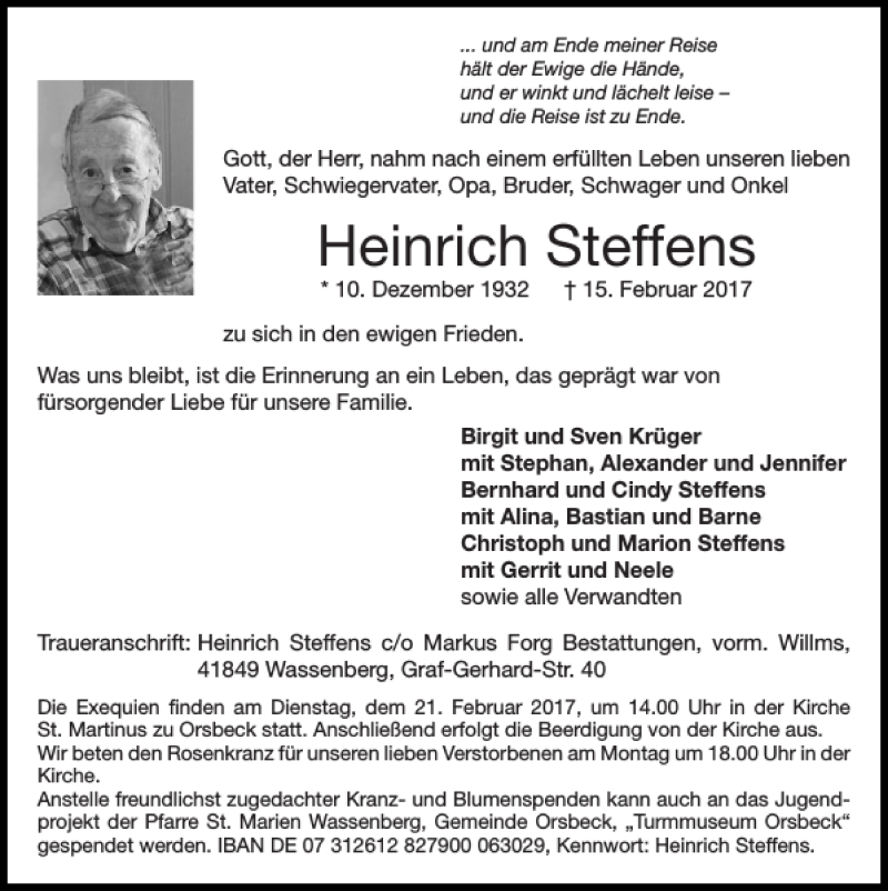 Traueranzeigen von Heinrich Steffens | Aachen gedenkt