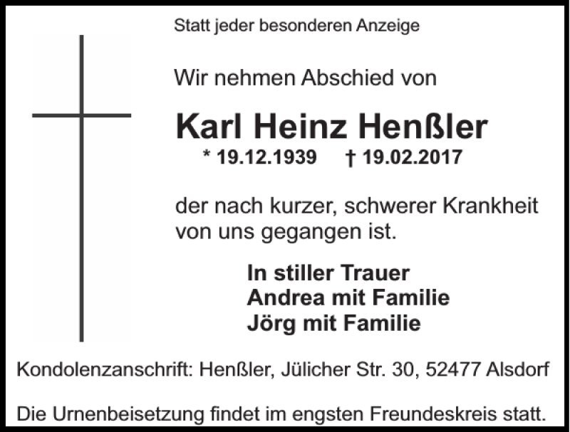 Traueranzeigen von Karl Heinz Henßler | Aachen gedenkt