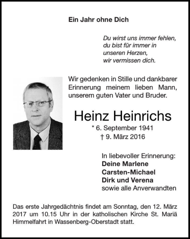 Traueranzeigen Von Heinz Heinrichs | Aachen Gedenkt