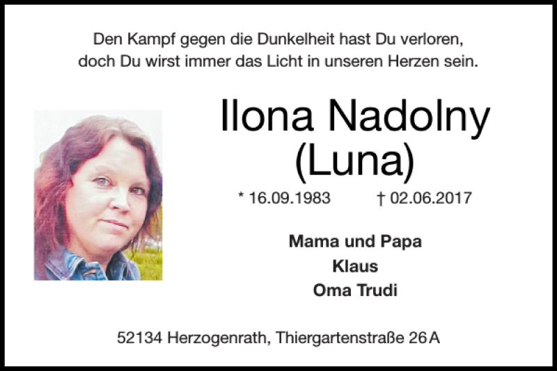  Traueranzeige für Ilona Nadolny Luna vom 11.06.2017 aus Super Sonntag / Super Mittwoch