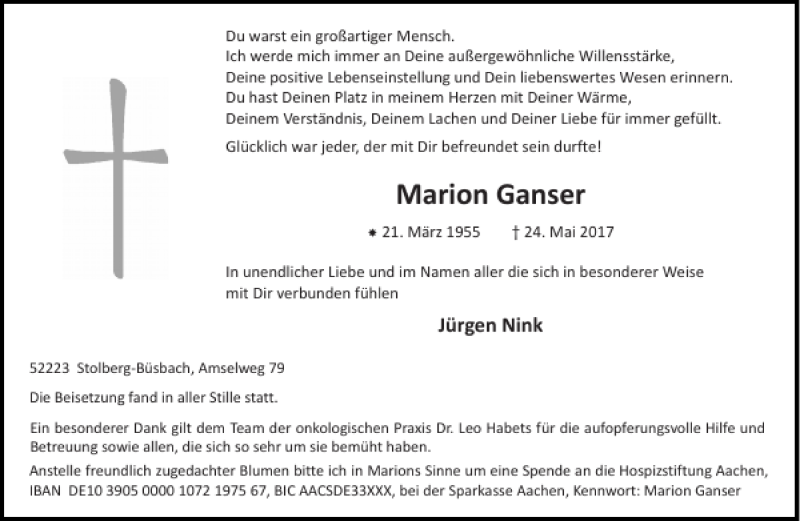  Traueranzeige für Marion Ganser vom 10.06.2017 aus Aachener Zeitung / Aachener Nachrichten