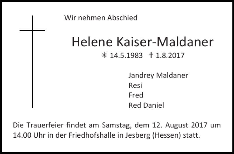  Traueranzeige für Helene Kaiser-Maldaner vom 05.08.2017 aus Aachener Zeitung / Aachener Nachrichten