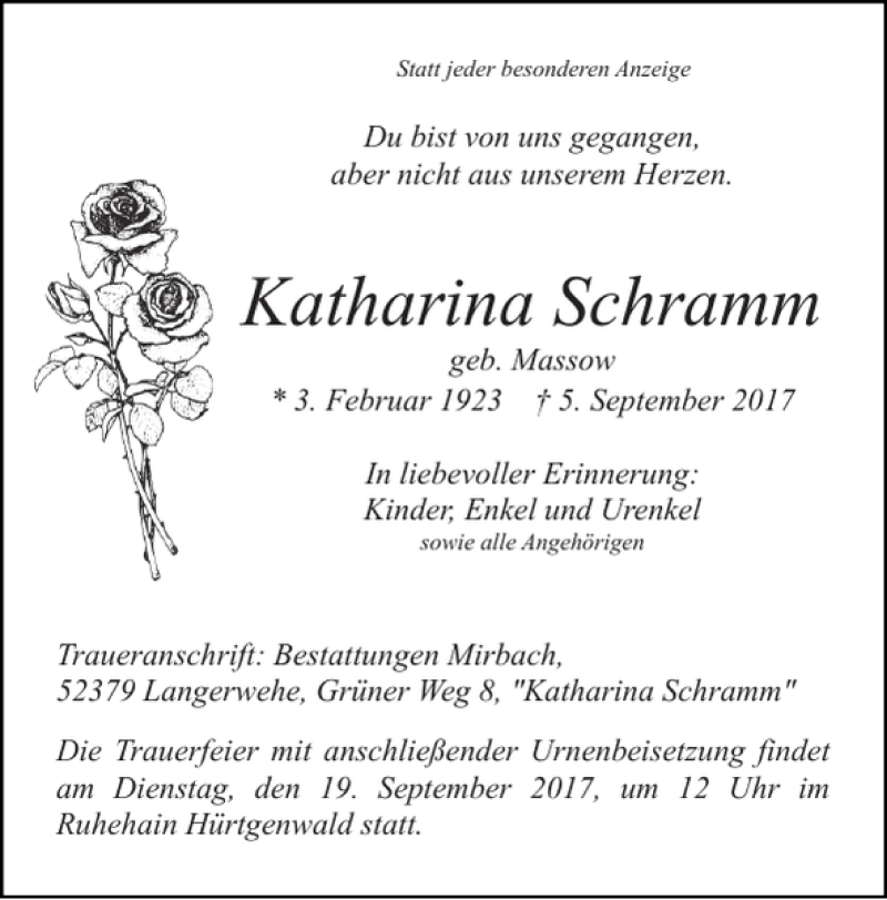 Traueranzeigen Von Katharina Schramm Aachen Gedenkt 