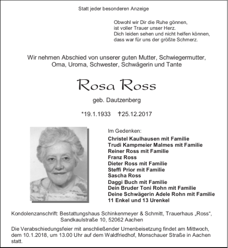 Traueranzeigen von Rosa Ross | Aachen gedenkt