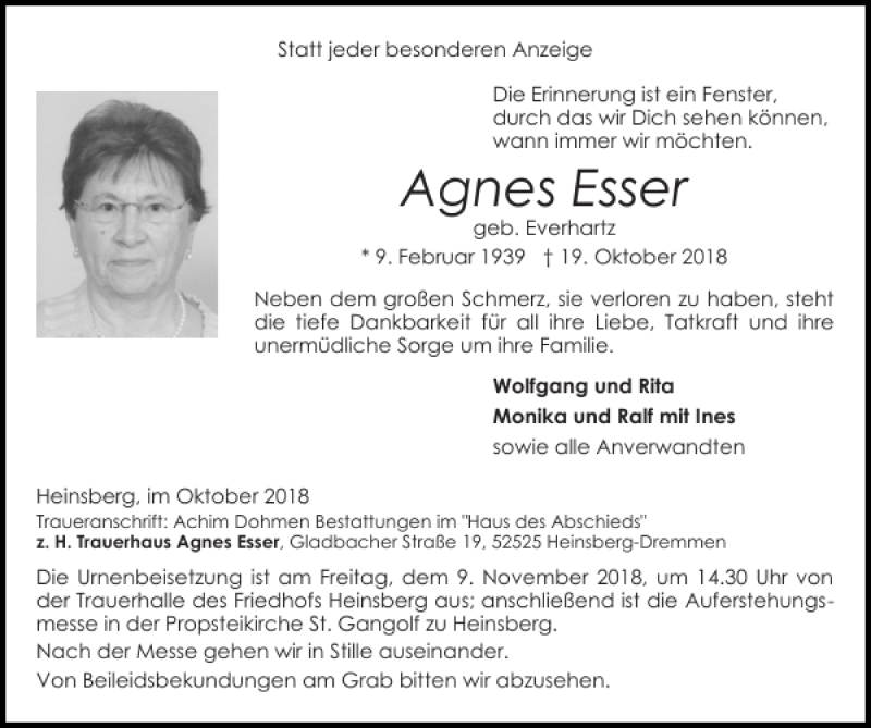 Traueranzeigen von Agnes Esser | Aachen gedenkt