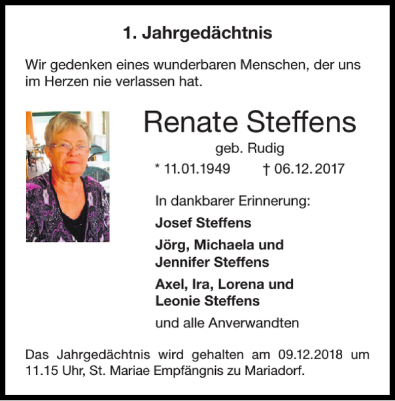 Traueranzeigen von Renate Steffens | Aachen gedenkt