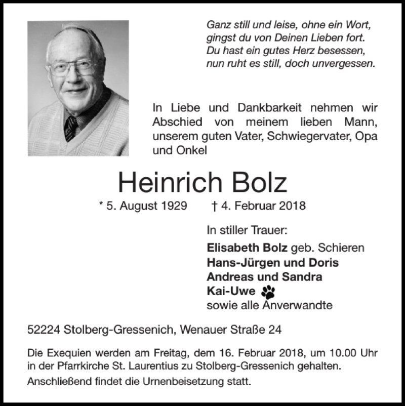 Traueranzeigen Von Heinrich Bolz | Aachen Gedenkt