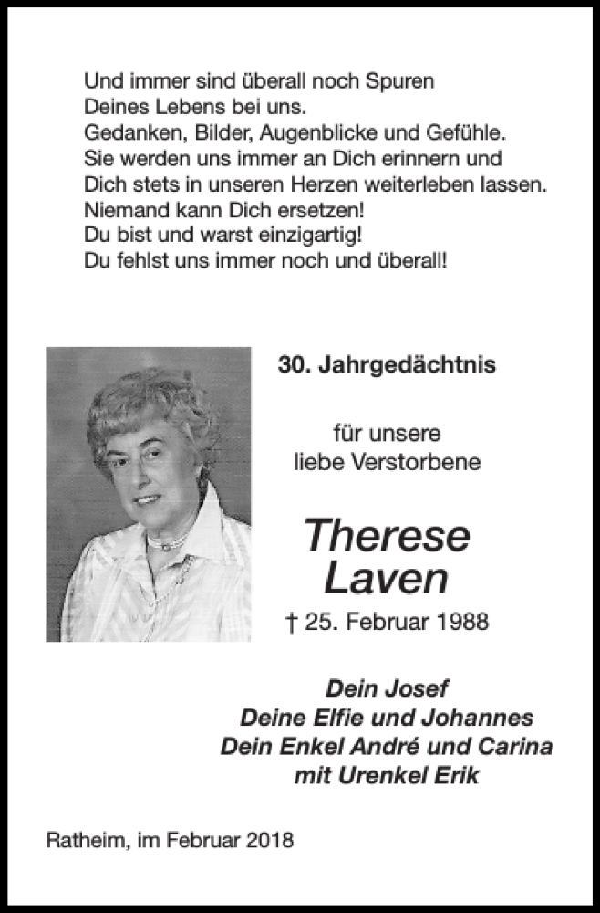 Traueranzeigen von Therese Laven | Aachen gedenkt