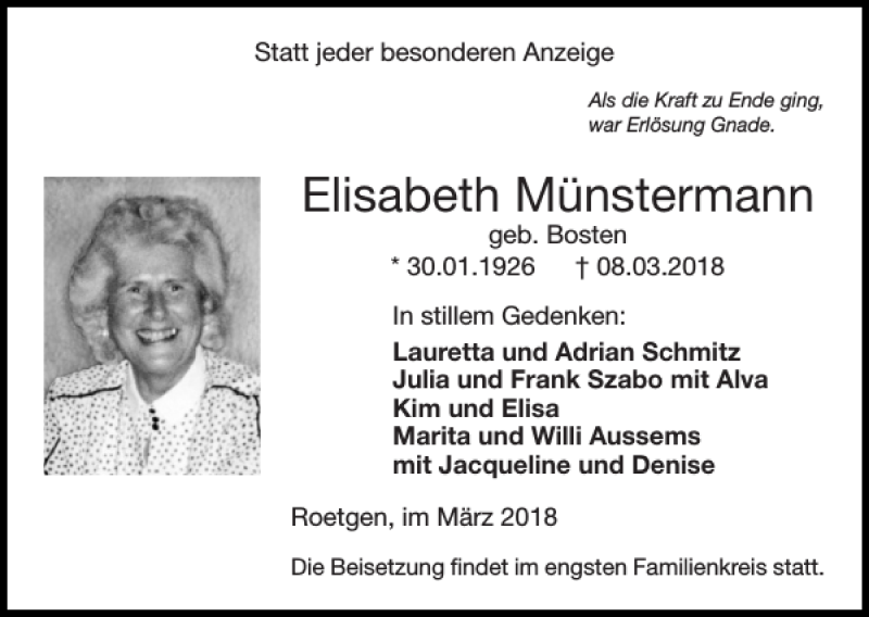 Traueranzeigen von Elisabeth Münstermann | Aachen gedenkt