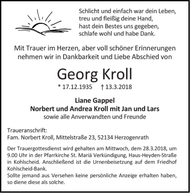 Traueranzeigen von Georg Kroll | Aachen gedenkt