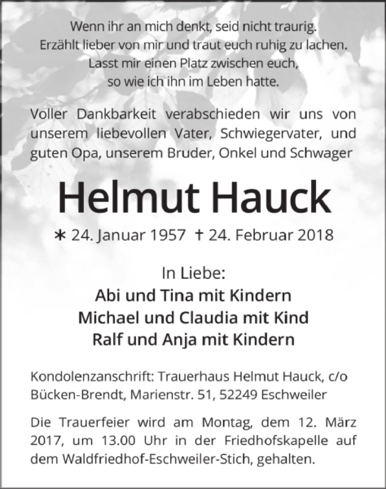  Traueranzeige für Helmut Hauck vom 11.03.2018 aus Super Sonntag / Super Mittwoch