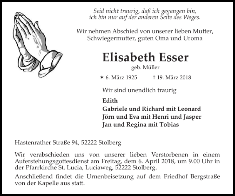 Traueranzeigen von Elisabeth Esser | Aachen gedenkt