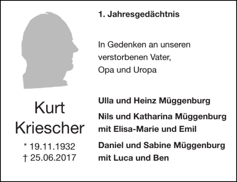 Traueranzeigen Von Kurt Kriescher Aachen Gedenkt 1412