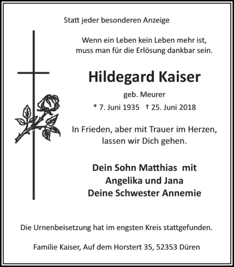 Traueranzeigen Von Hildegard Kaiser Aachen Gedenkt