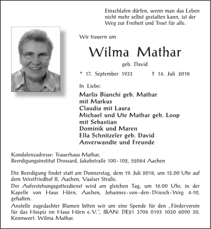  Traueranzeige für Wilma Mathar vom 18.07.2018 aus Super Sonntag / Super Mittwoch