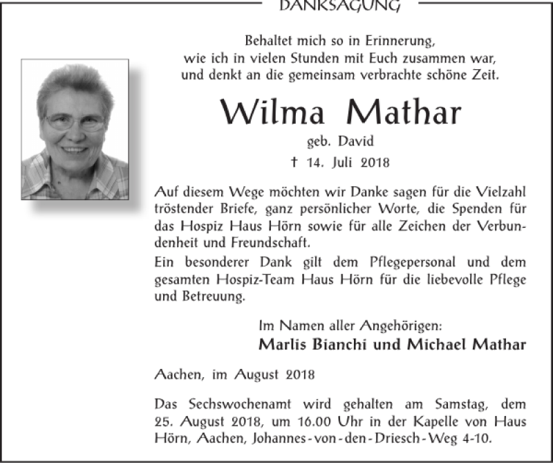  Traueranzeige für Wilma Mathar vom 19.08.2018 aus Super Sonntag / Super Mittwoch