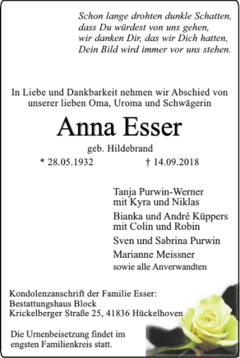 Traueranzeigen von Anna Esser | Aachen gedenkt