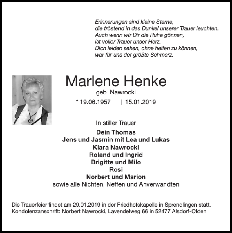  Traueranzeige für Marlene Henke vom 23.01.2019 aus Super Sonntag / Super Mittwoch