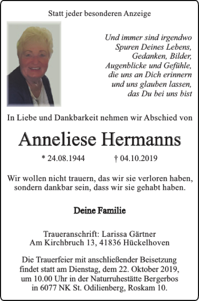 Traueranzeigen von Anneliese Hermanns | Aachen gedenkt