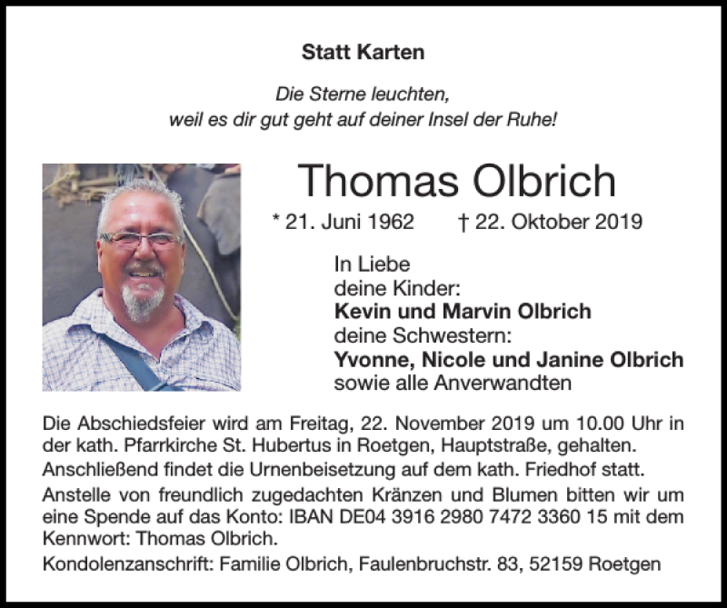  Traueranzeige für Thomas Olbrich vom 10.11.2019 aus Super Sonntag / Super Mittwoch