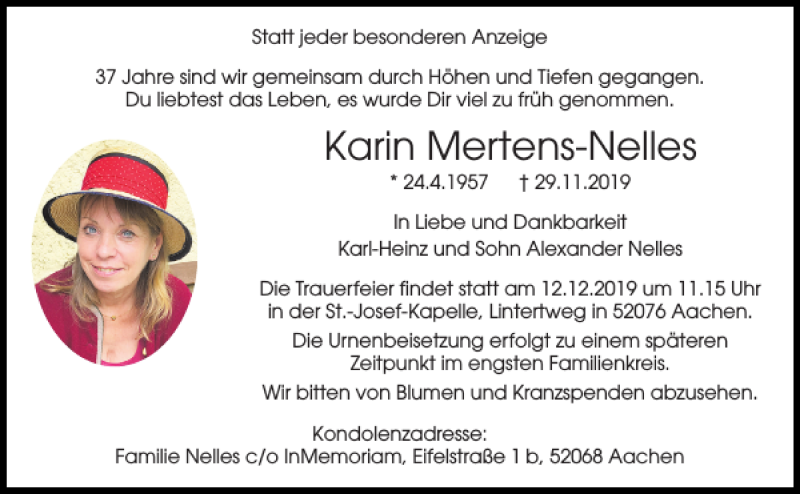 Traueranzeigen von Karin Mertens-Nelles | Aachen gedenkt