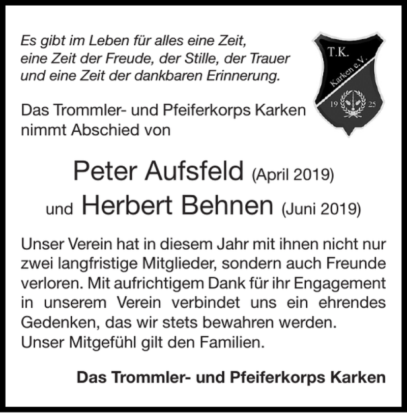 Traueranzeigen Von Peter Aufsfeld Herbert Behnen Aachen Gedenkt