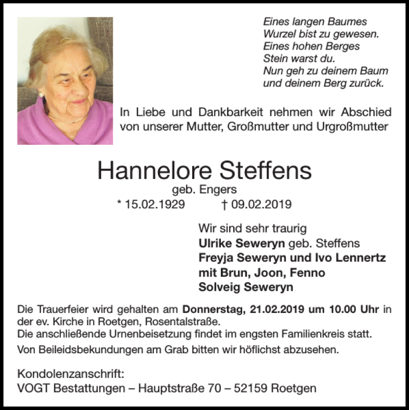 Traueranzeigen von Hannelore Steffens | Aachen gedenkt