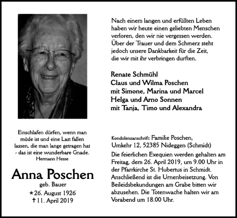 Traueranzeigen von Anna Poschen | Aachen gedenkt