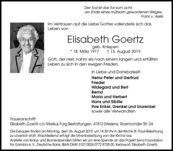 Traueranzeigen von Elisabeth Goertz | Aachen gedenkt