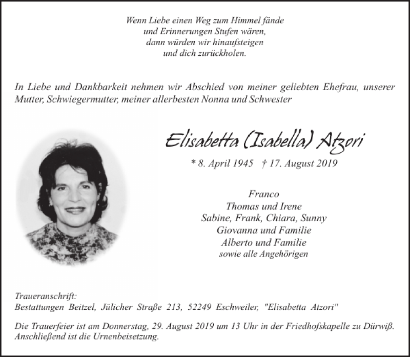 Traueranzeigen von Elisabetta Isabella Atzori | Aachen gedenkt