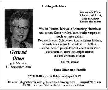 Traueranzeigen Von Otten Gertrud | Aachen Gedenkt