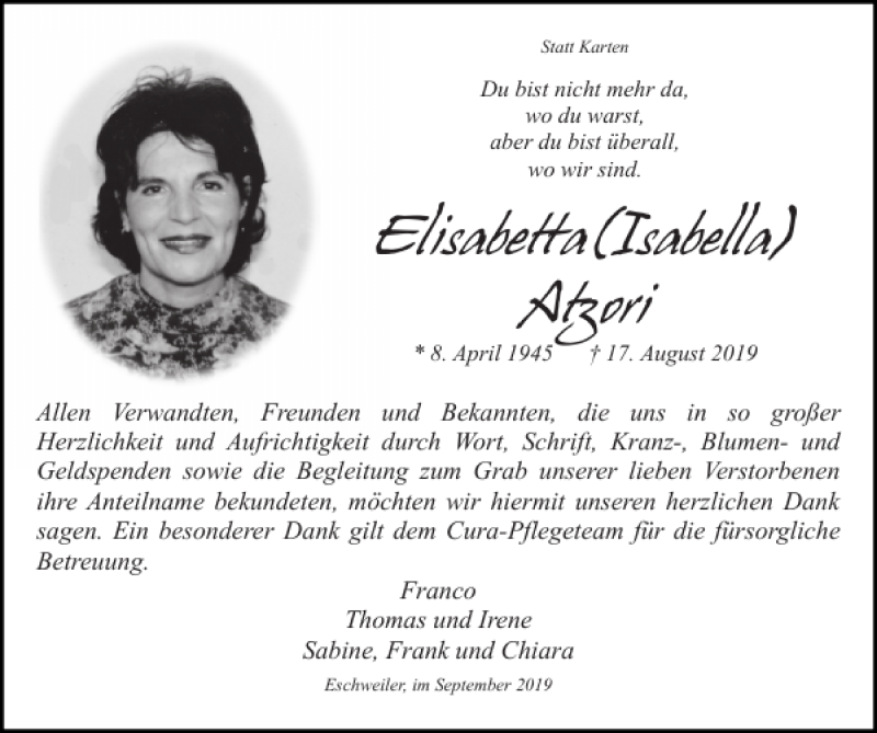 Traueranzeigen von Elisabetta Isabella Atzori | Aachen gedenkt